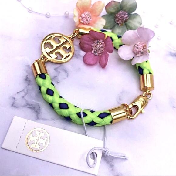 New Tory Burch Gold Logo, Green & Blue Rope Bracelet - Picture 8 of 10